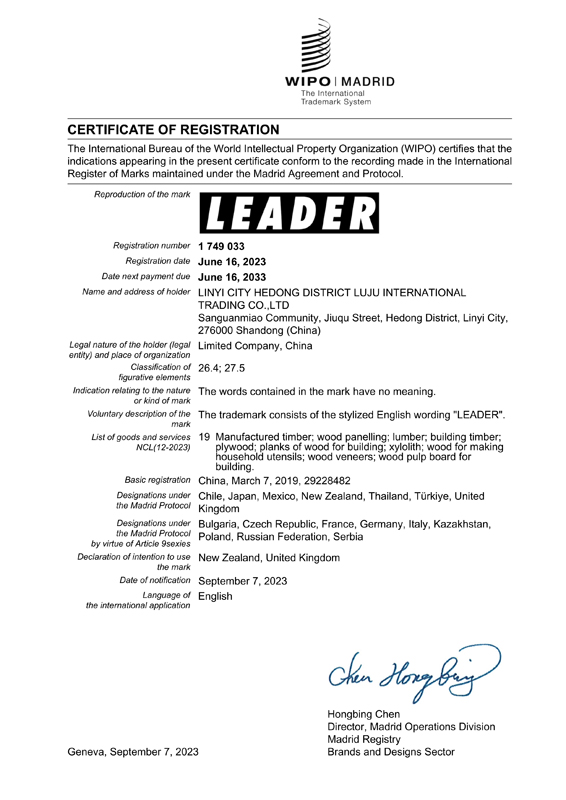 LINYI LUJU INC Secures International Trademark Leader