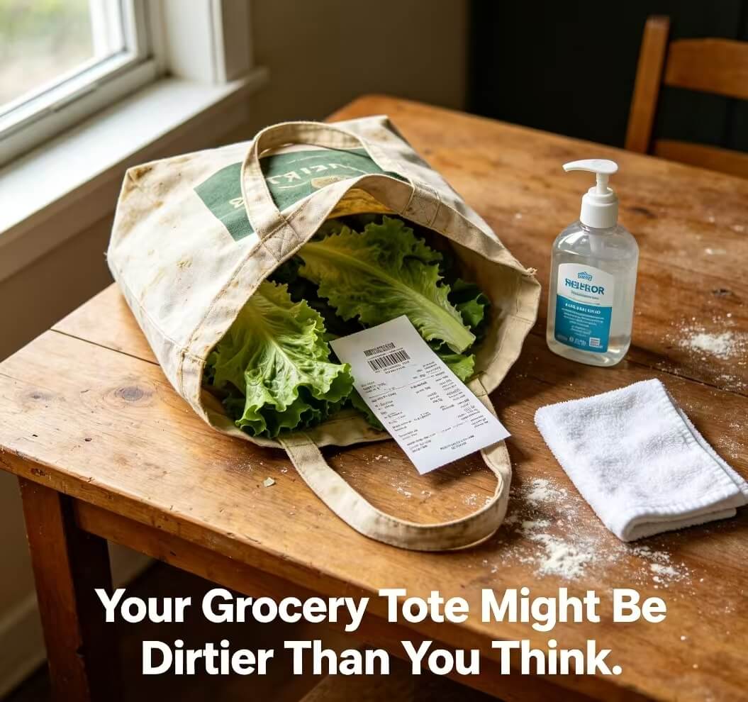 Lifestyle shot of a used grocery tote bag with post-shopping messy table scene
