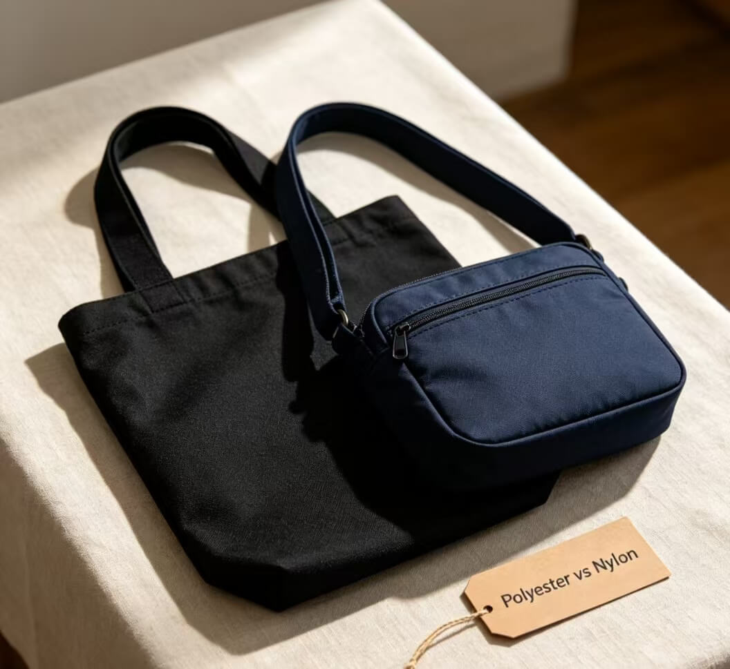 600D black polyester tote bags compared with navy nylon crossbody bag, material reference flat lay photo