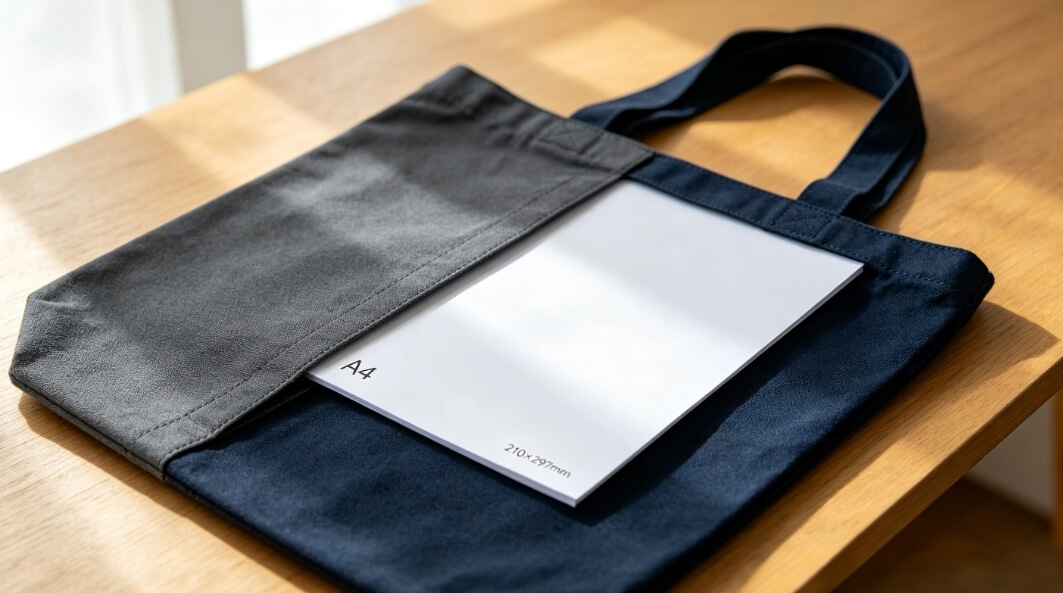 a4 bag fit problem, A4 paper half stuck inside canvas tote bag, external vs internal dimension