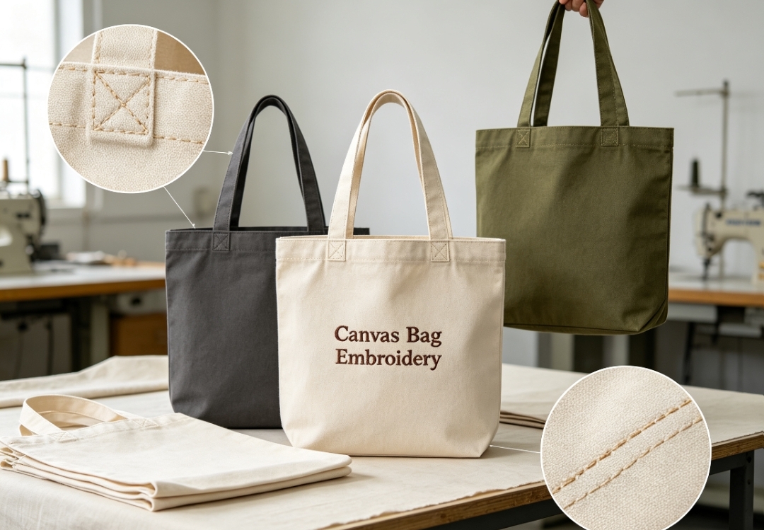 Canvas bag embroidery showcase with fabric & stitch details