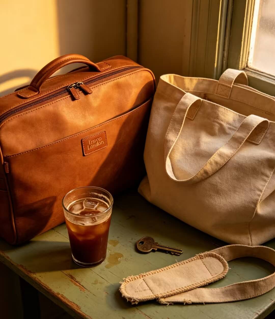 Lifestyle shot for leather VS canvas bags comparison under soft window natural light
