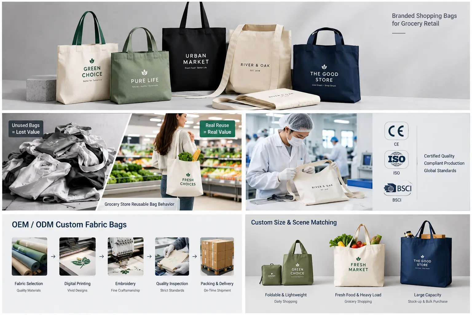 Premium branded shopping bags in multiple styles, showing retail use, quality inspection, OEM / ODM production, and customized solutions.
