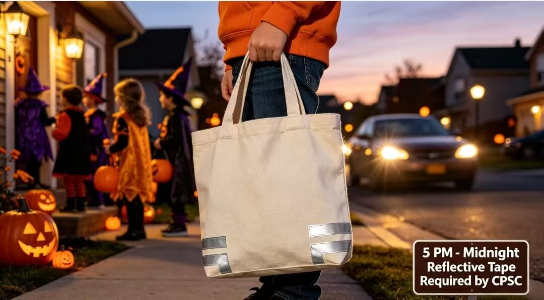 halloween bag canvas trick or treat bag with silver reflective tape, kids trick‑or‑treating on dusk suburban street, CPSC safety requirement