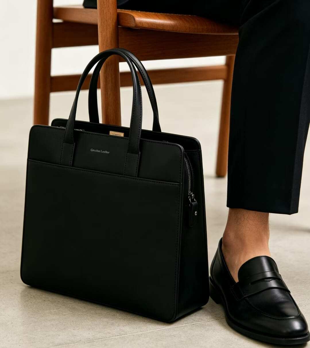 Minimal leather interview bag lifestyle entryway shot for professional job search