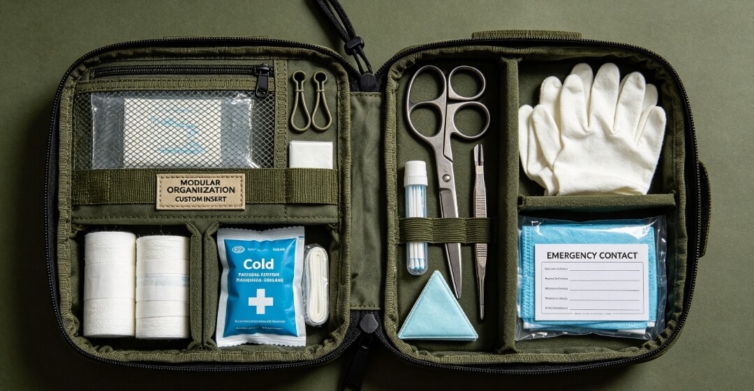Home first aid kit modular interior, divided storage for emergency supplies