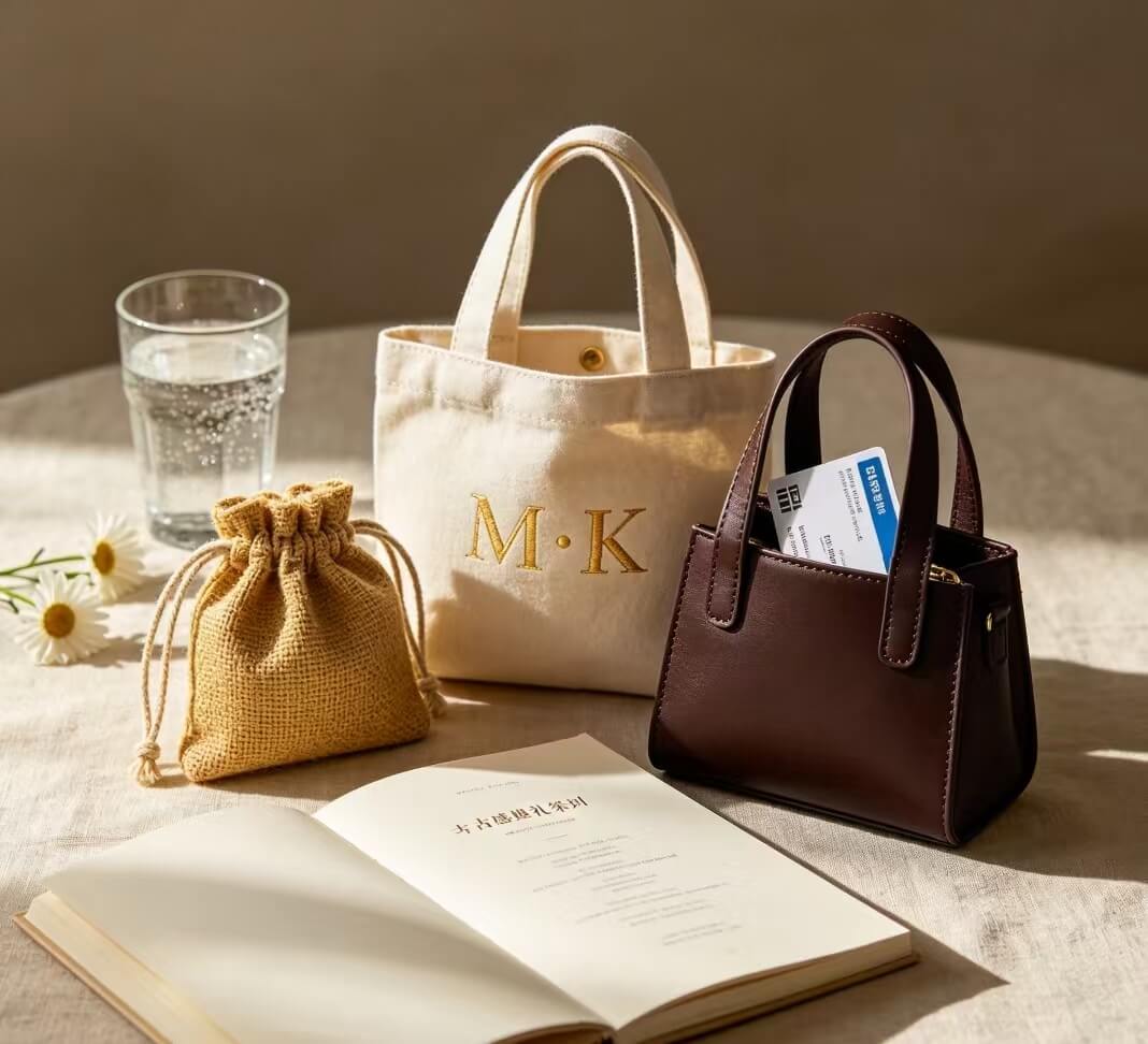 Monogram jute canvas leather favor bags wedding detail flat lay