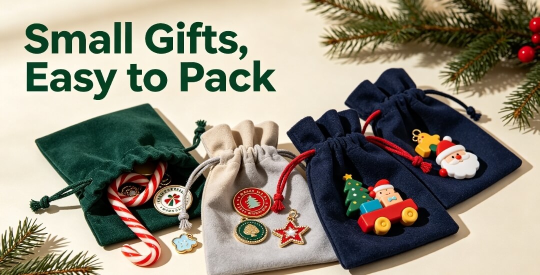 Small Gifts Easy to Pack Christmas drawstring pouches for small holiday gifts and party favors