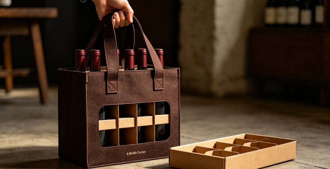 wine gift bag PP hard bottom board, natural canvas wine carrier structural support detail
