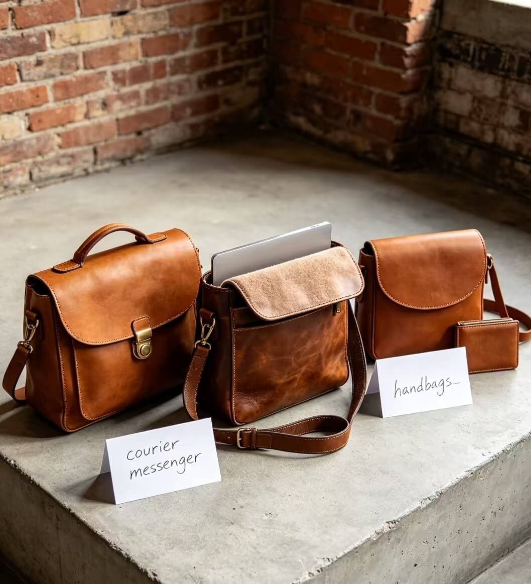 Three leather bags flat lay, including curved-flap messenger leather handbags.