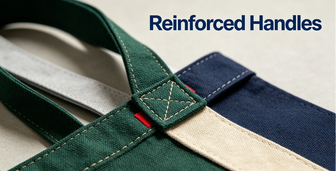 Close-up of reinforced double-stitched handles on fabric christmas gift bags