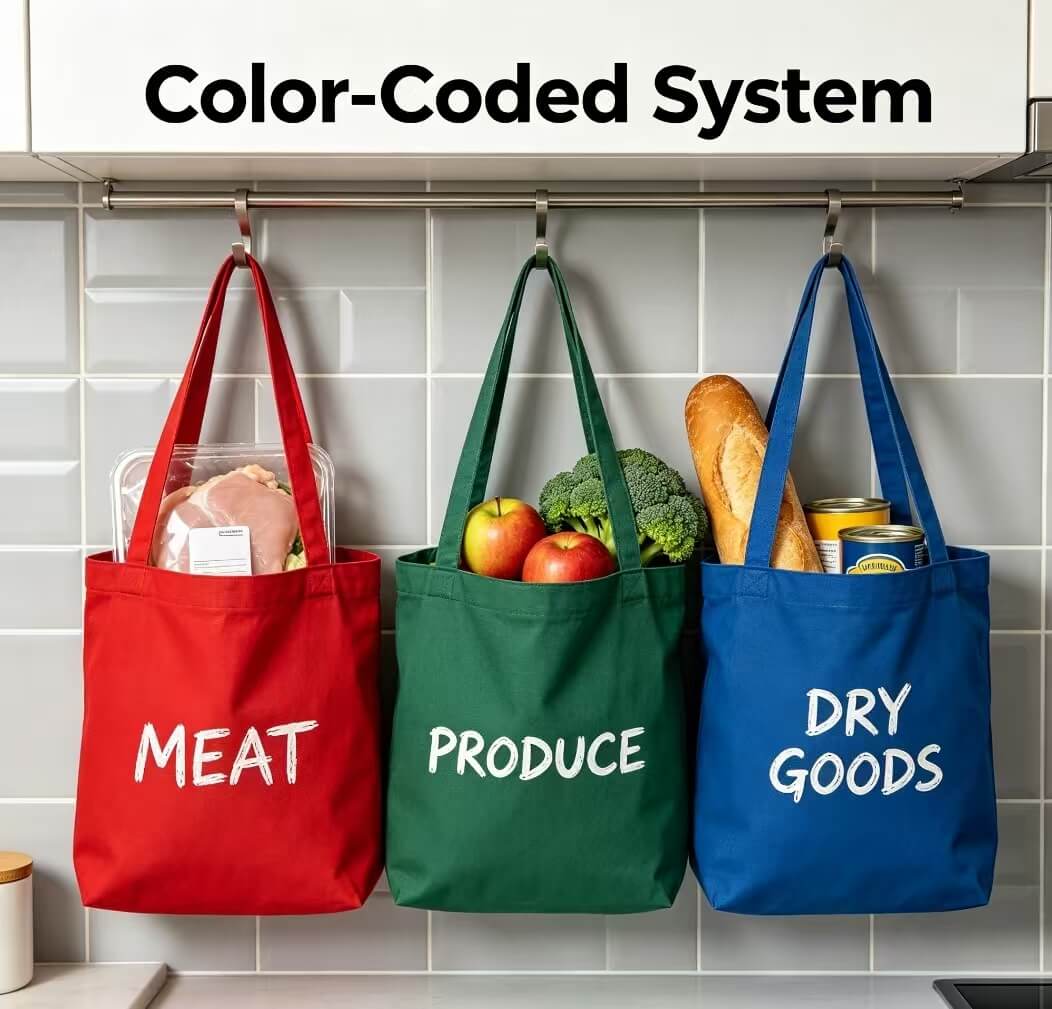 Organized display of color-coded grocery tote bags sorted for different food categories