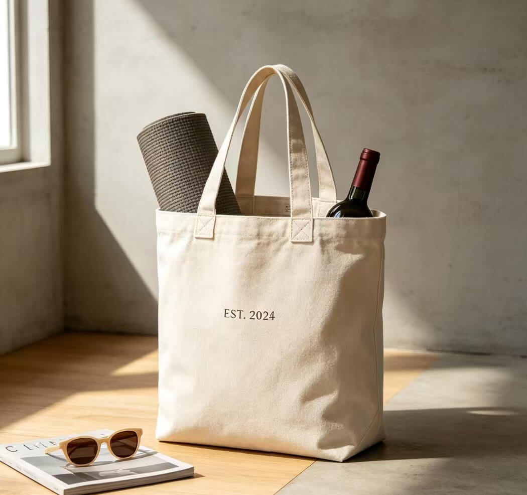 Spacious natural cotton canvas tote bag with reinforced handle stitching