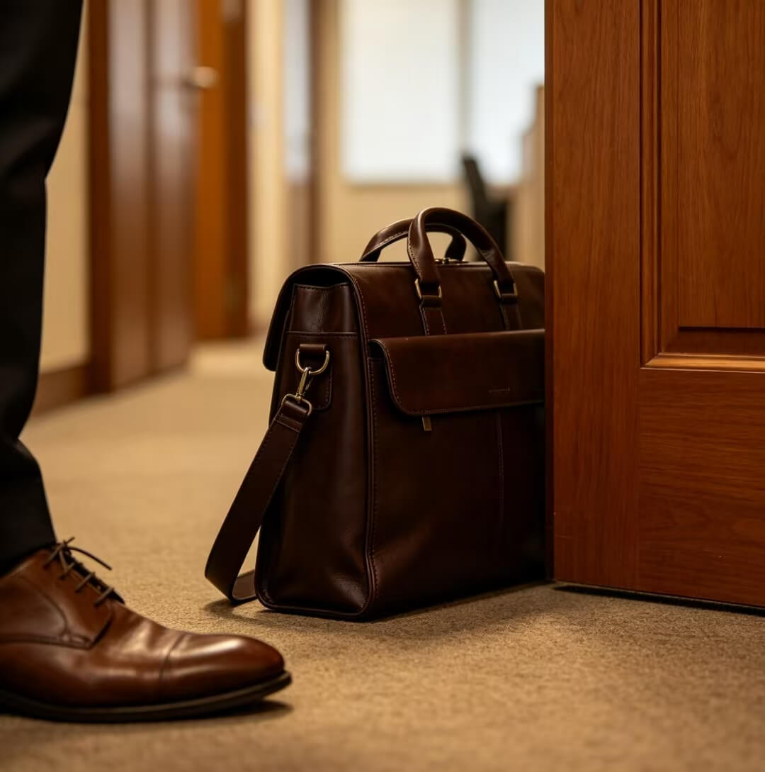 Flat lay of professional essentials inside structured interview bag