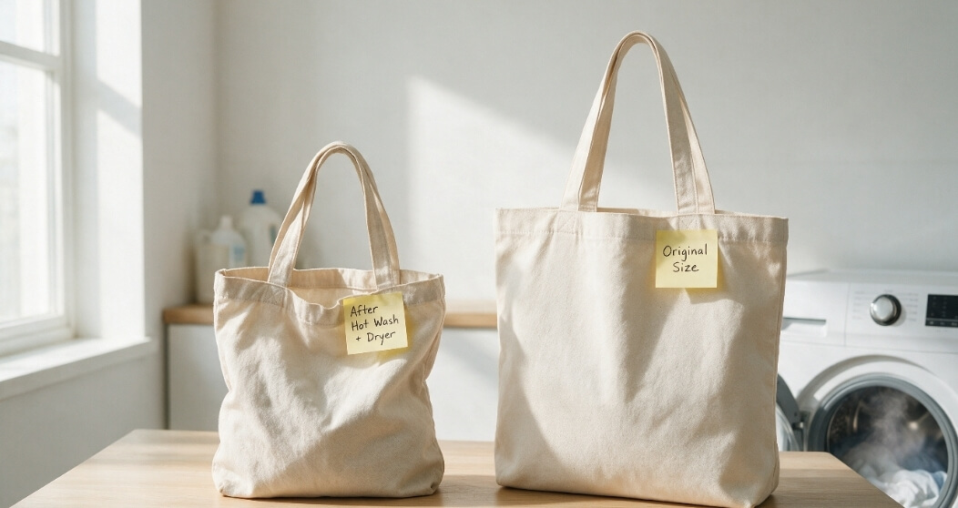 See how tote bags shrink after high temperature washing and drying