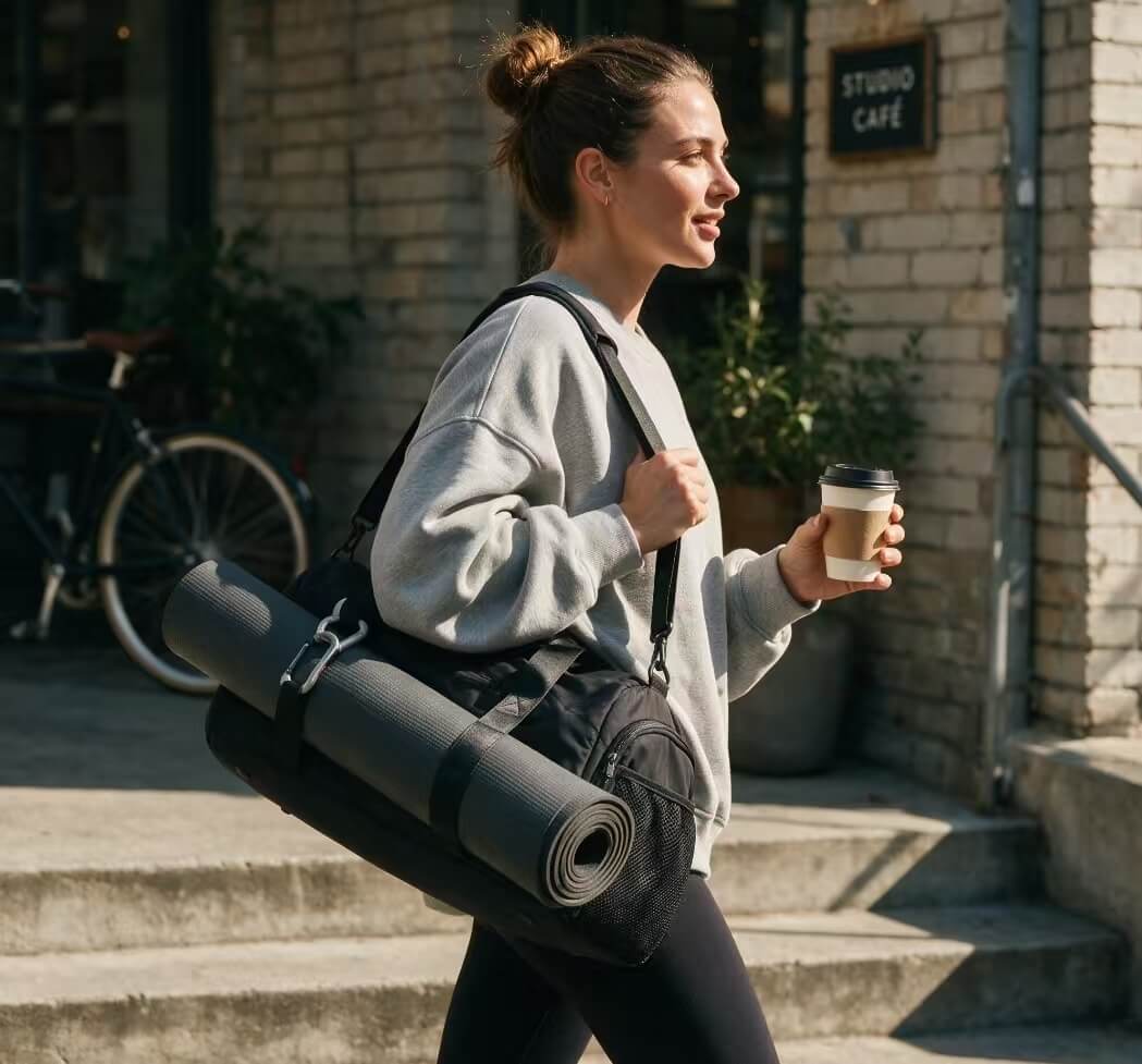 Waterproof travel bag lifestyle street photo, sport gym tote with yoga mat buckle carried by urban woman post-workout