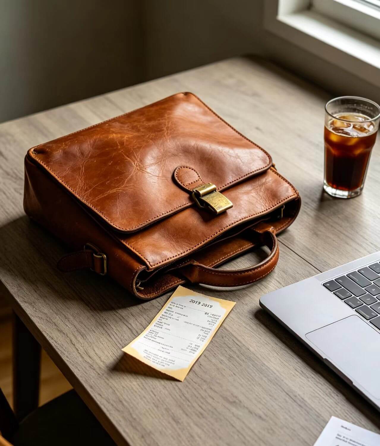 Vintage messenger leather handbags laid on oak table with old receipt and laptop.
