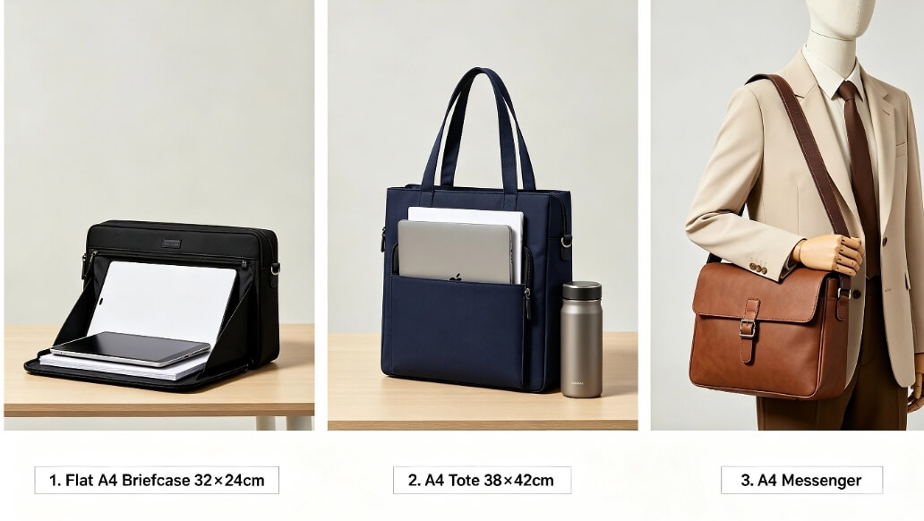 a4 bag styles comparison: briefcase, tote, messenger bag for office documents