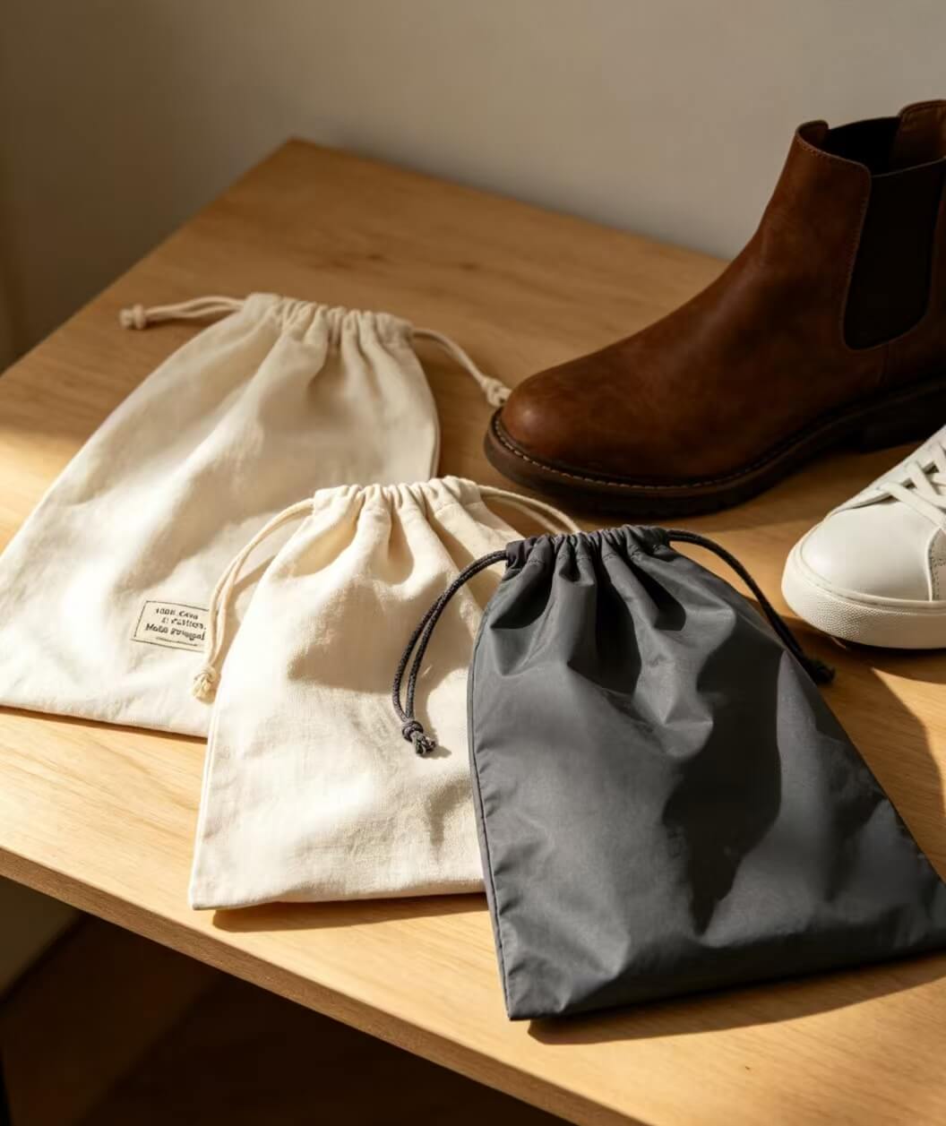 Unbleached cotton cloth shoe bags laid out with canvas & travel shoe pouches on wooden table