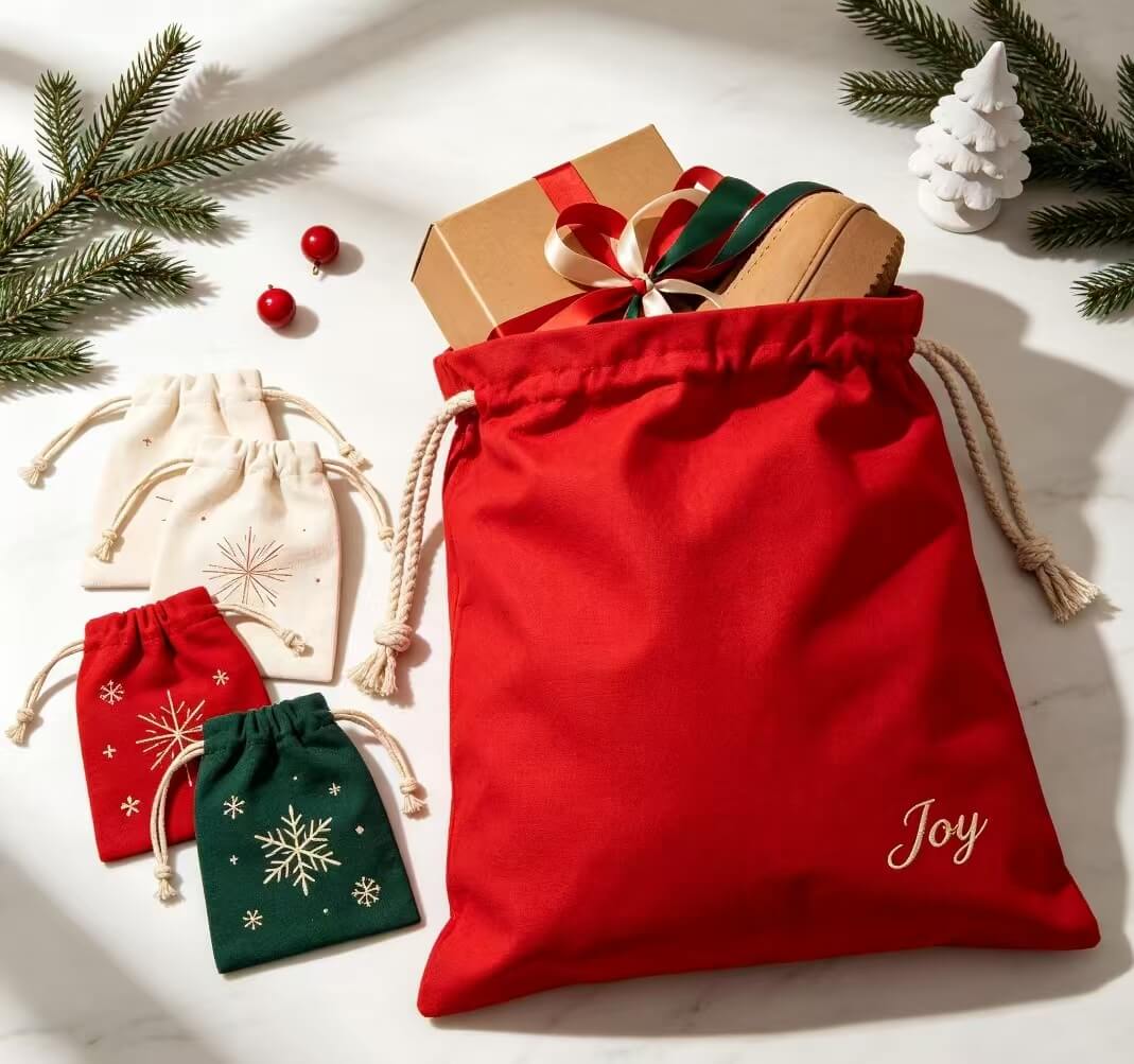Canvas Christmas gift packaging set, large red sack and Christmas small drawstring bag in red, green and natural beige