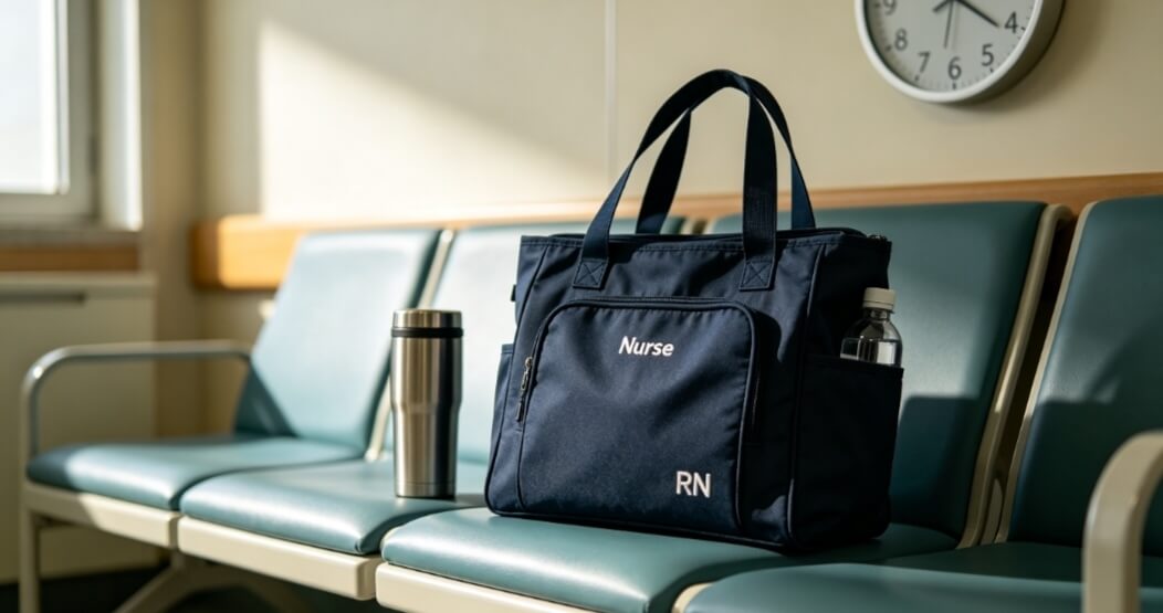 Dark nylon nurse bag with stand‑up structure, hospital lounge early‑morning lifestyle shot