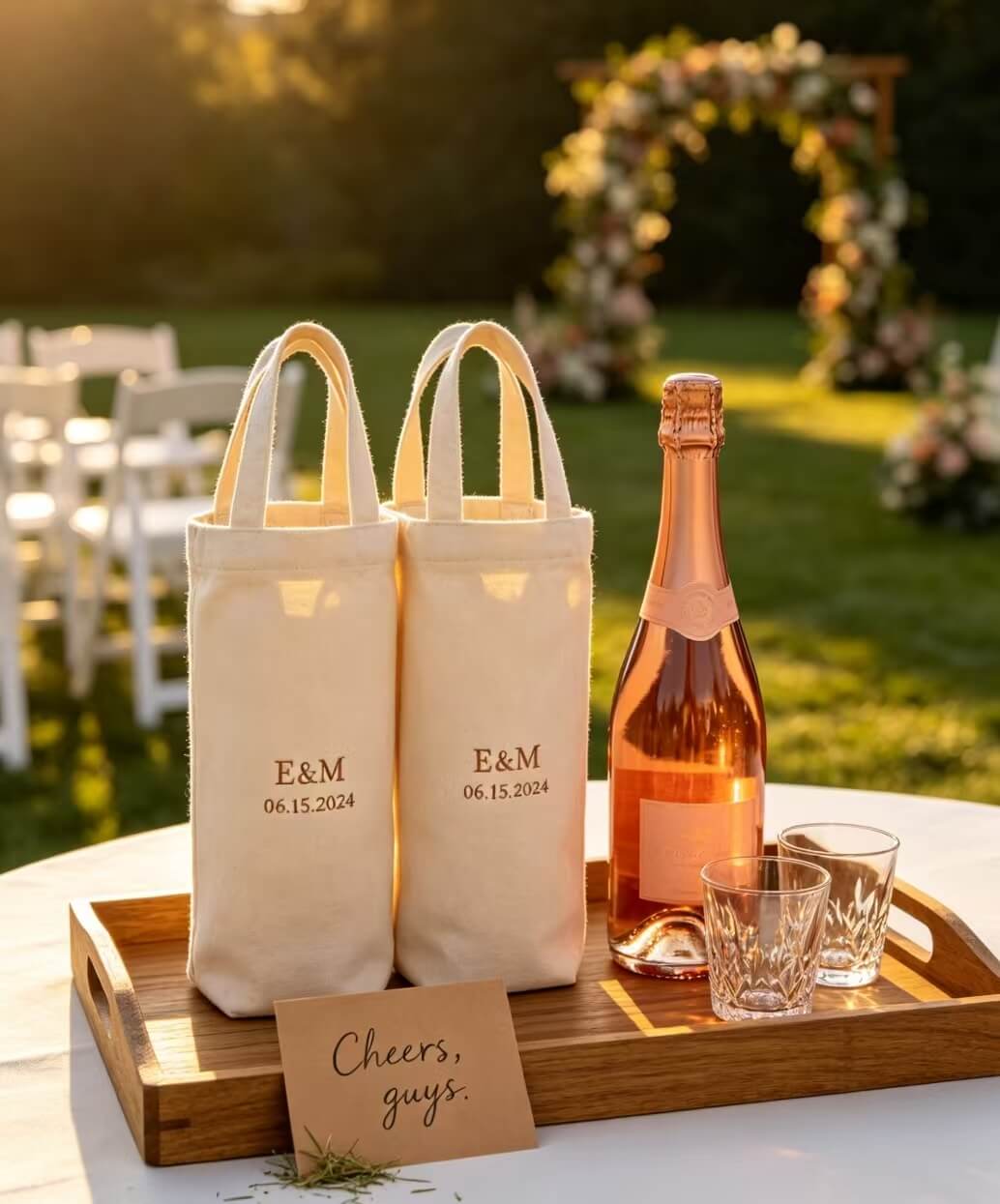 Custom embroidered double wine bags wedding scene