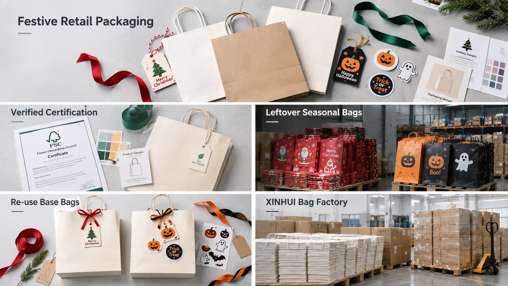 christmas bags with neutral paper bases, festive tags, ribbons, and reusable holiday accessories on a clean tabletop.