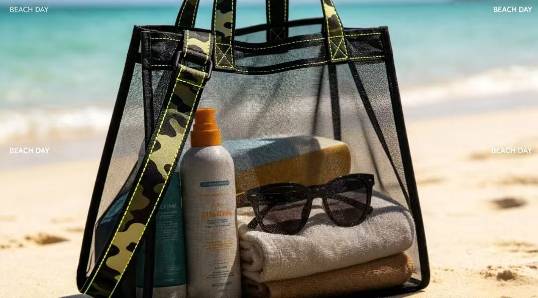 A breathable beach mesh tote bag is the perfect choice for a beach trip, and can hold sunscreen, towels, and sunglasses.