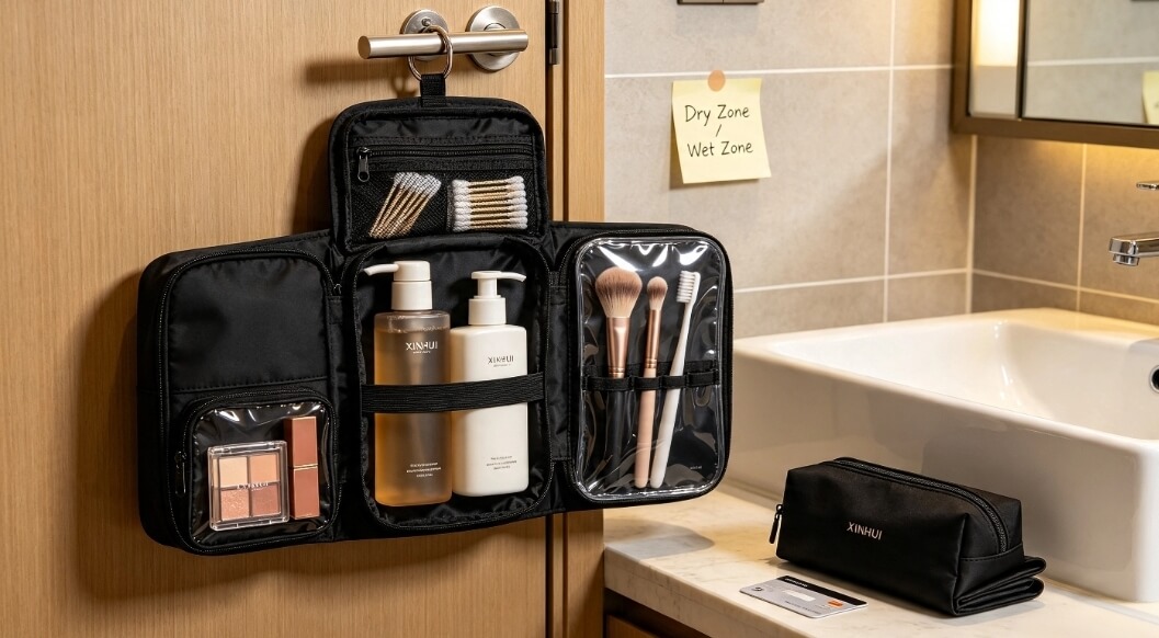 Dry‑wet separated hanging cosmetic bag for makeup brushes and travel essentials