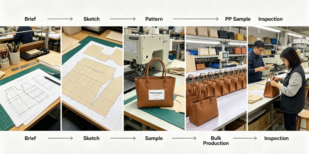 スケッチサンプルから量産検査まで、バッグ開発の全ワークフローを網羅的にご紹介します。