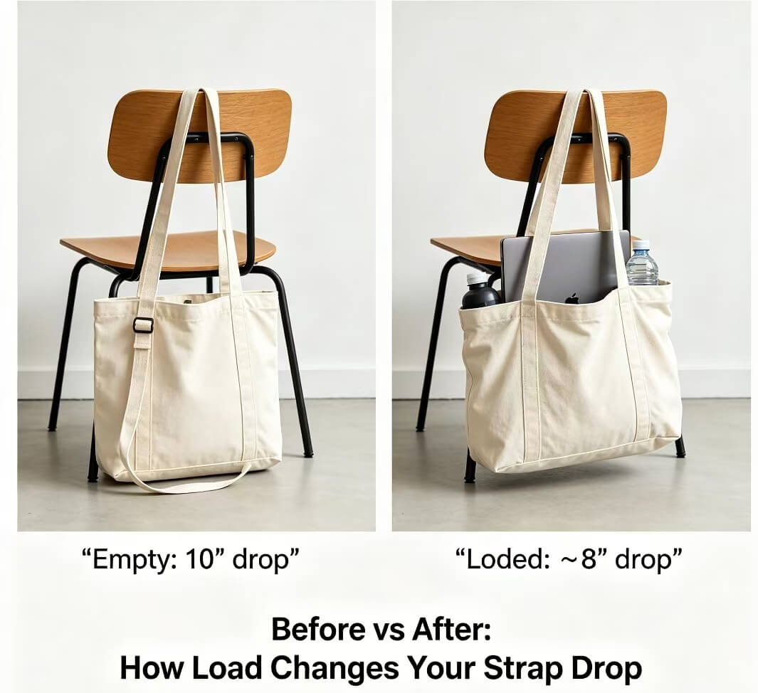 Compares empty & loaded bag to show weight impact on tote straps drop length