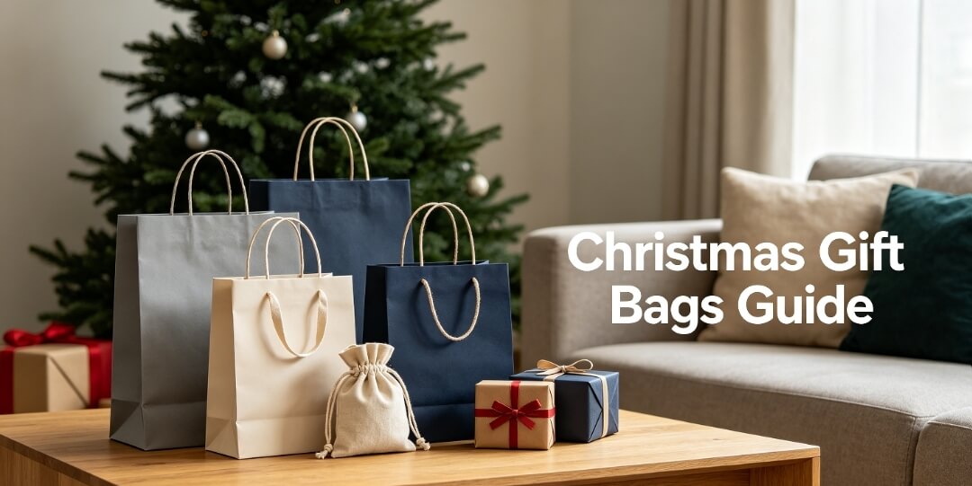 Assorted christmas gift bags in a cozy gift wrapping scene