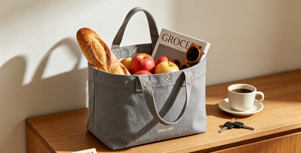 Spacious canvas carry bag filled with daily grocery essentials