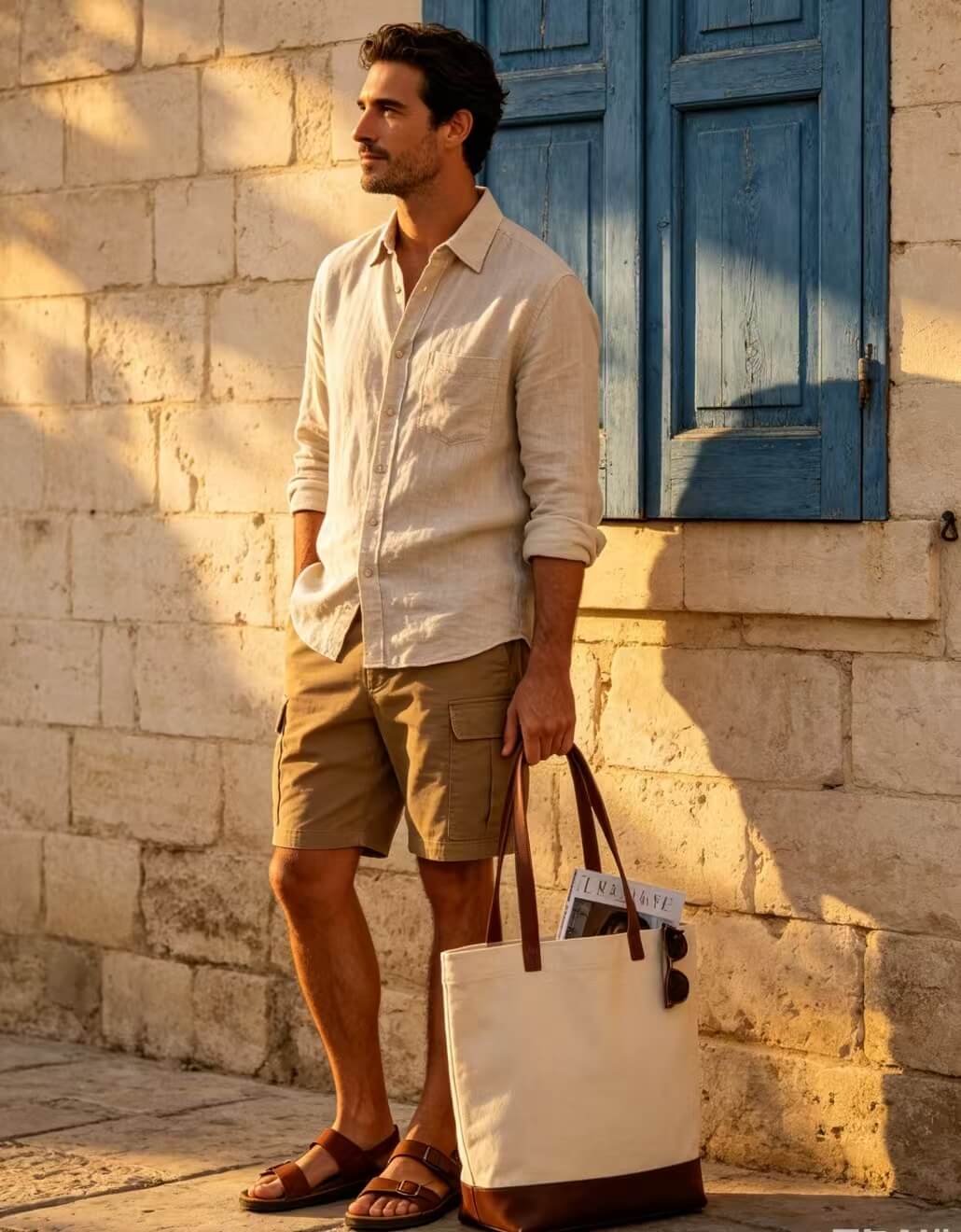 Vintage lifestyle shot of durable mens canvas bag with leather accents