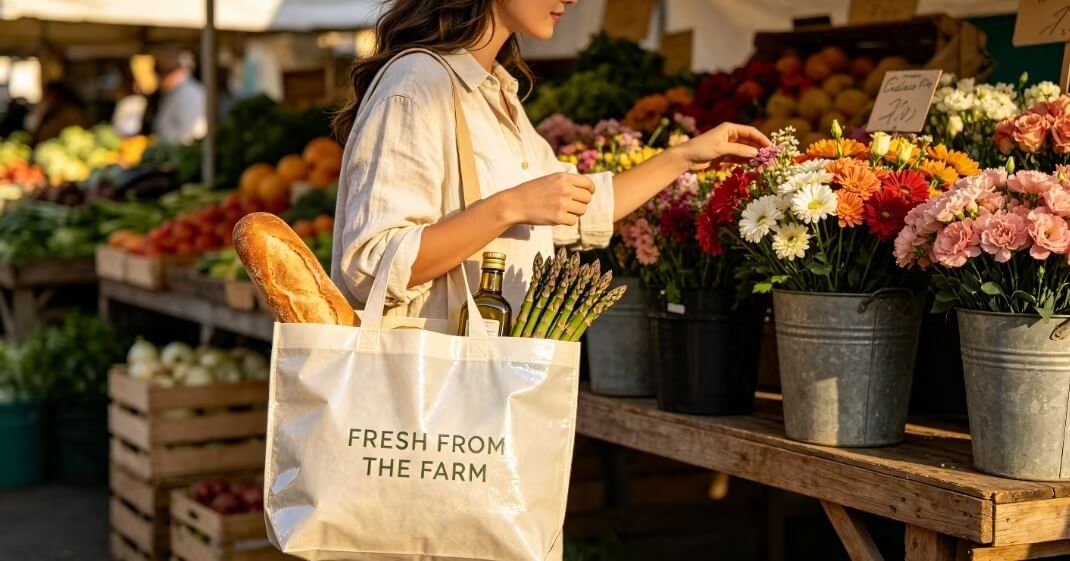Laminated bag pp used for shopping at farmers market, lifestyle scene