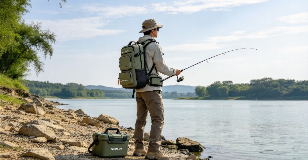 tackle bag backpack on rocky lakeshore with 3600 size tackle boxes