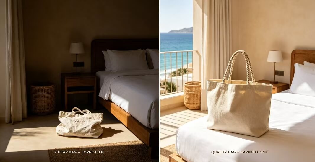 cheap vs quality resort amenity tote bag hotel room comparison