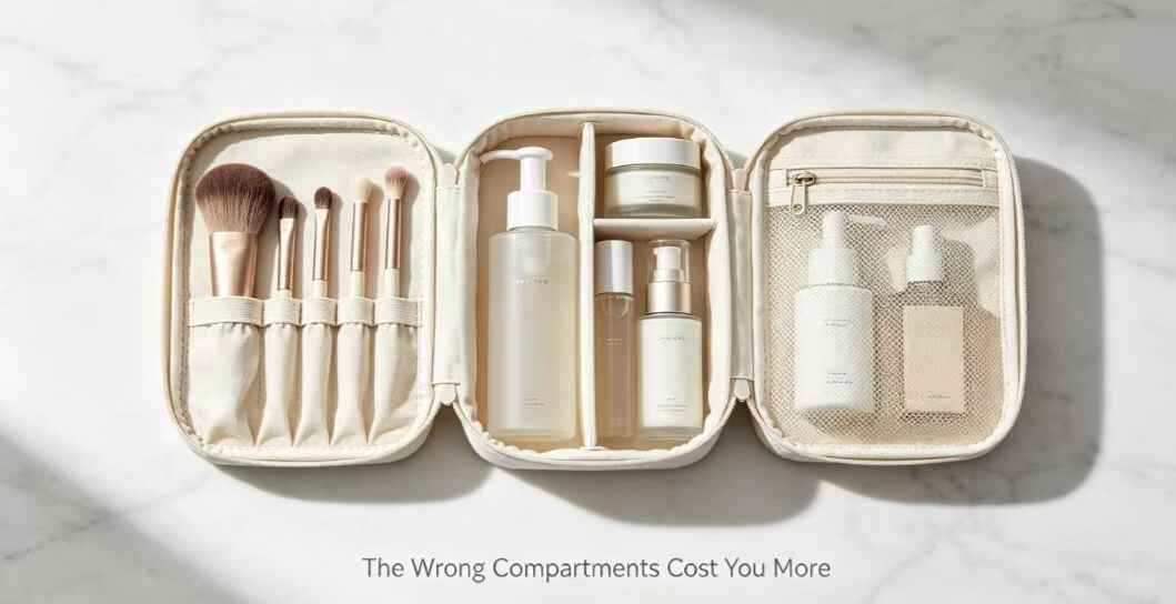 Bag for makeup with organized compartments, elastic brush holders and mesh zipper pocket, minimalist cosmetic storage.