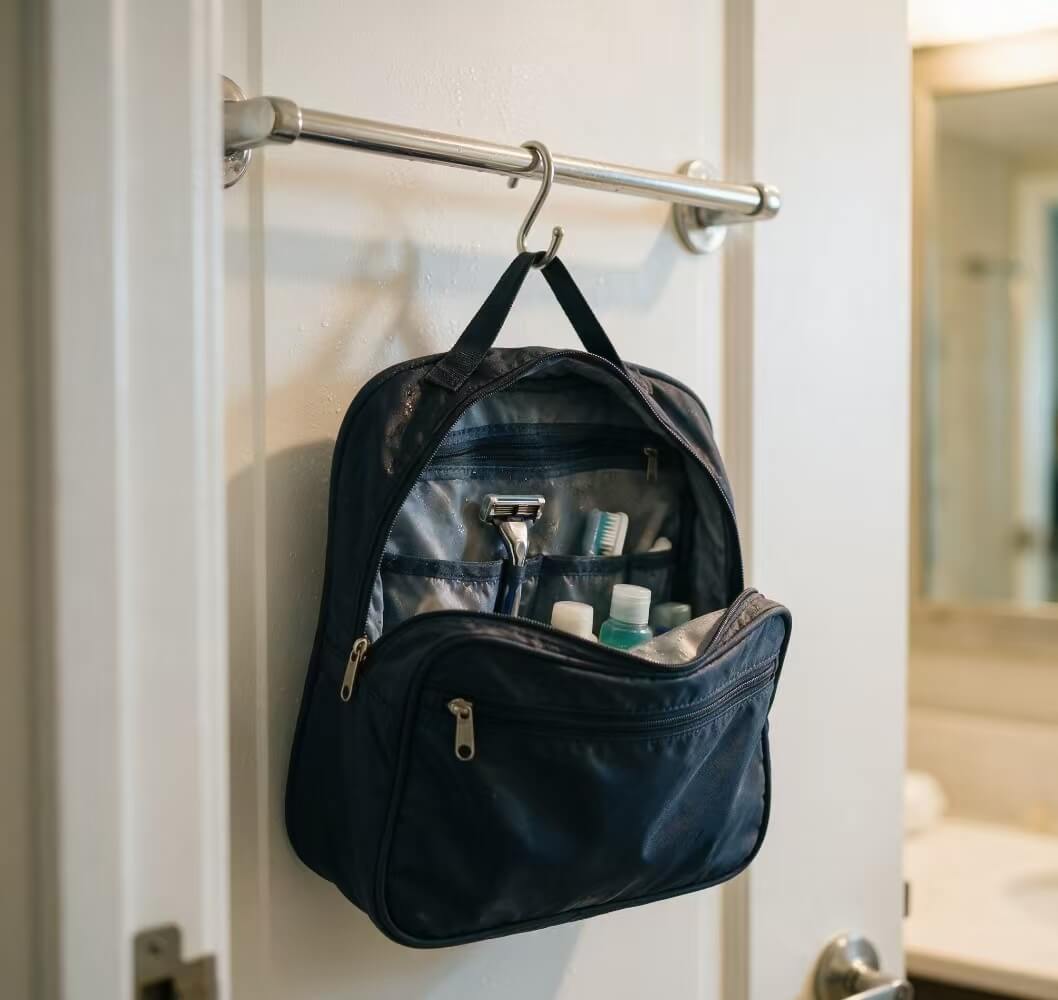 Cosmetic Bag Sizes demo: large hanging travel toiletry bag hung in hotel bathroom