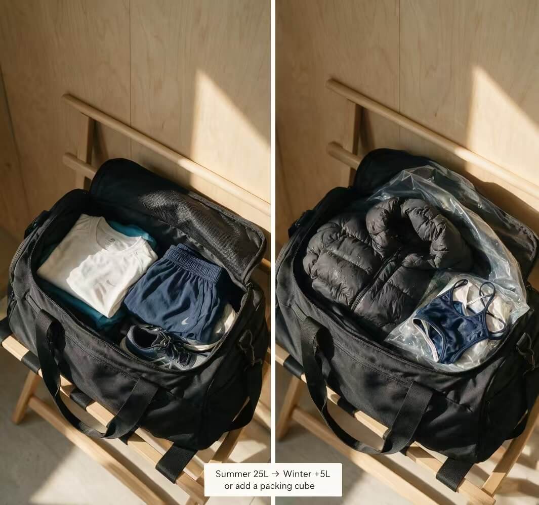 Gym bag size seasonal capacity split comparison: summer vs winter packing in 25L gym tote