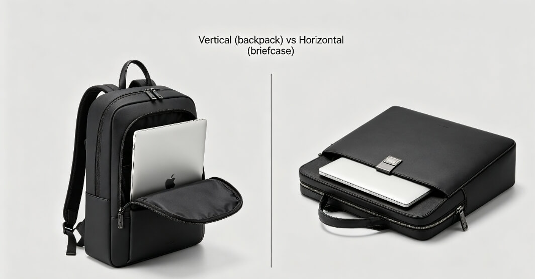 laptop bag size comparison, vertical backpack vs horizontal briefcase compartment