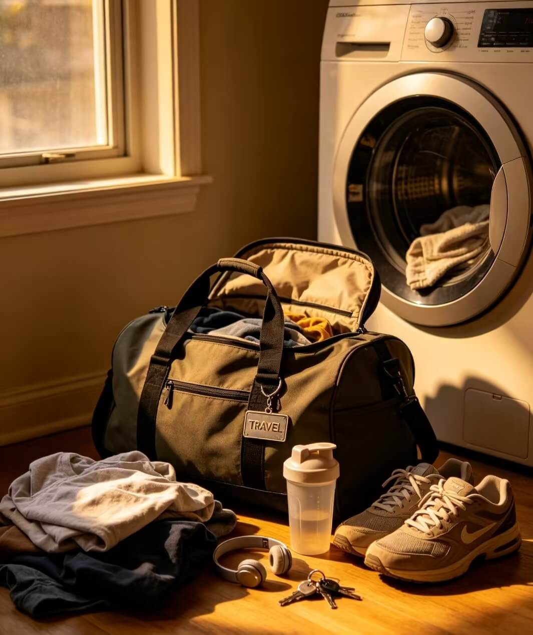 Bag wash preparation with canvas duffel beside residential washing machine
