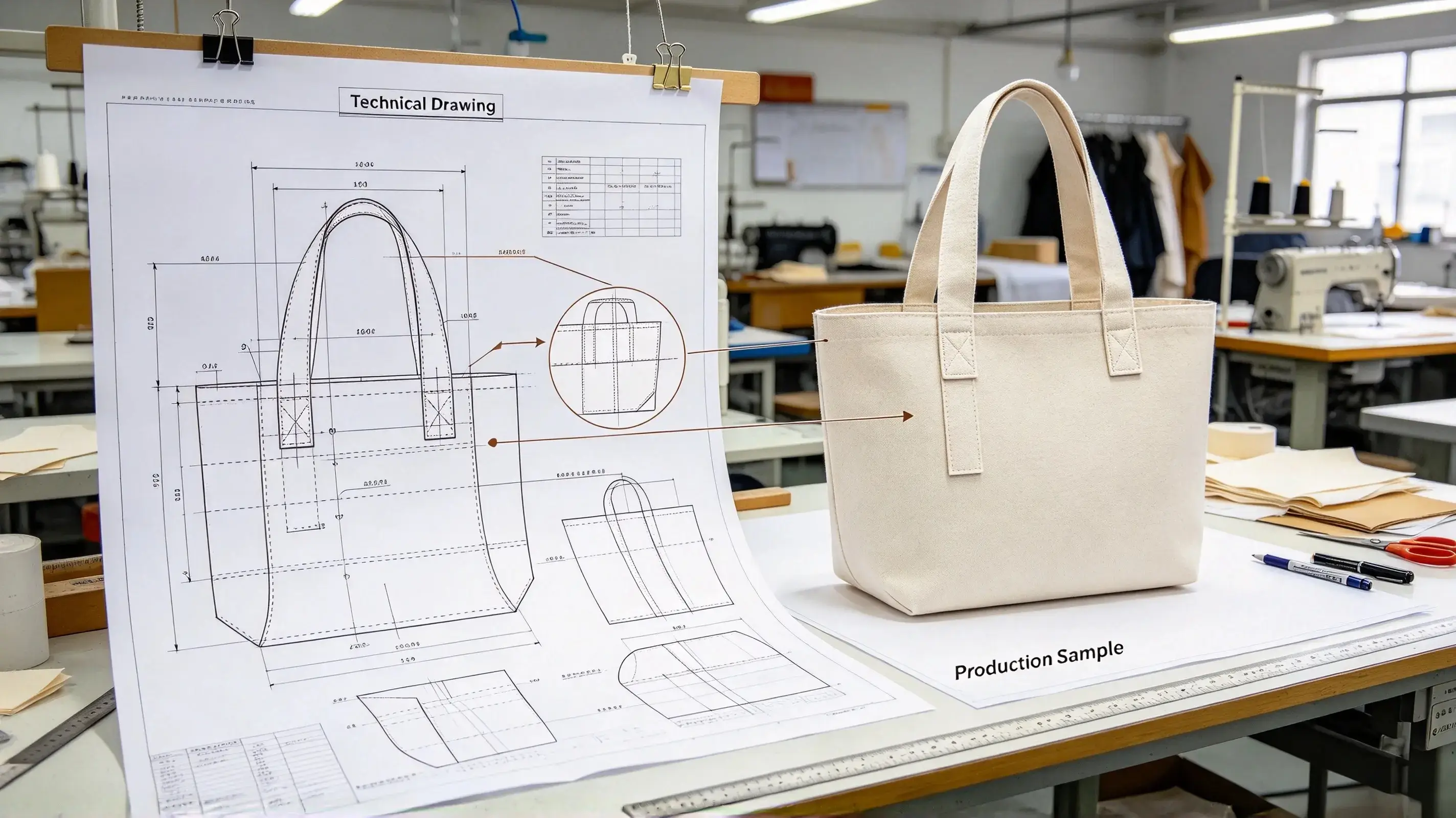 Technical drawing and finished canvas bag for bulk order