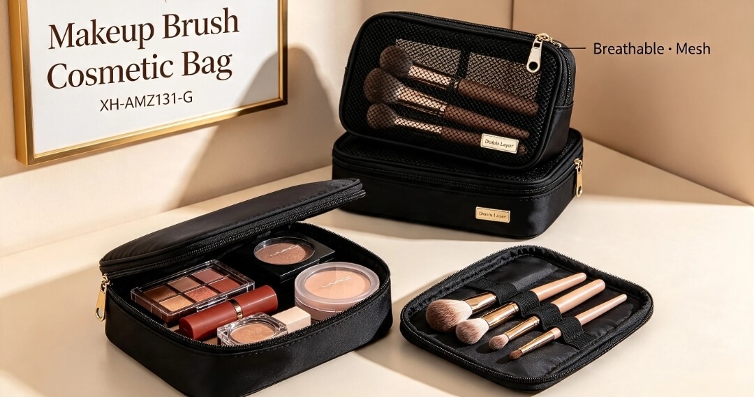 Travel‑ready makeup brush cosmetic bag set with dedicated slots and breathable mesh