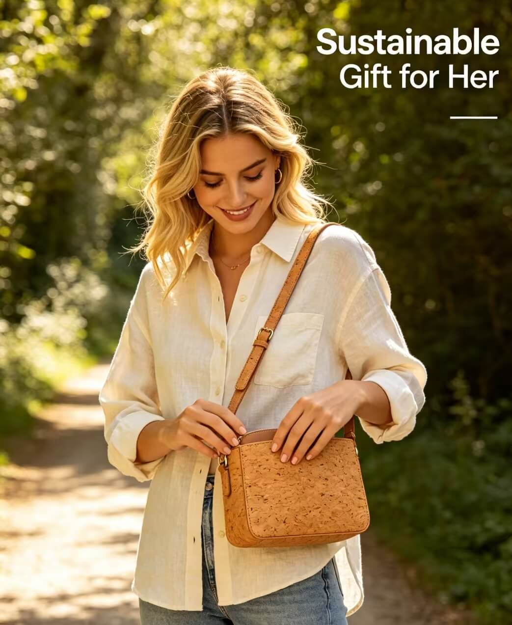 Outdoor lifestyle shot featuring a cork crossbody, an ideal zero waste gifts option for women