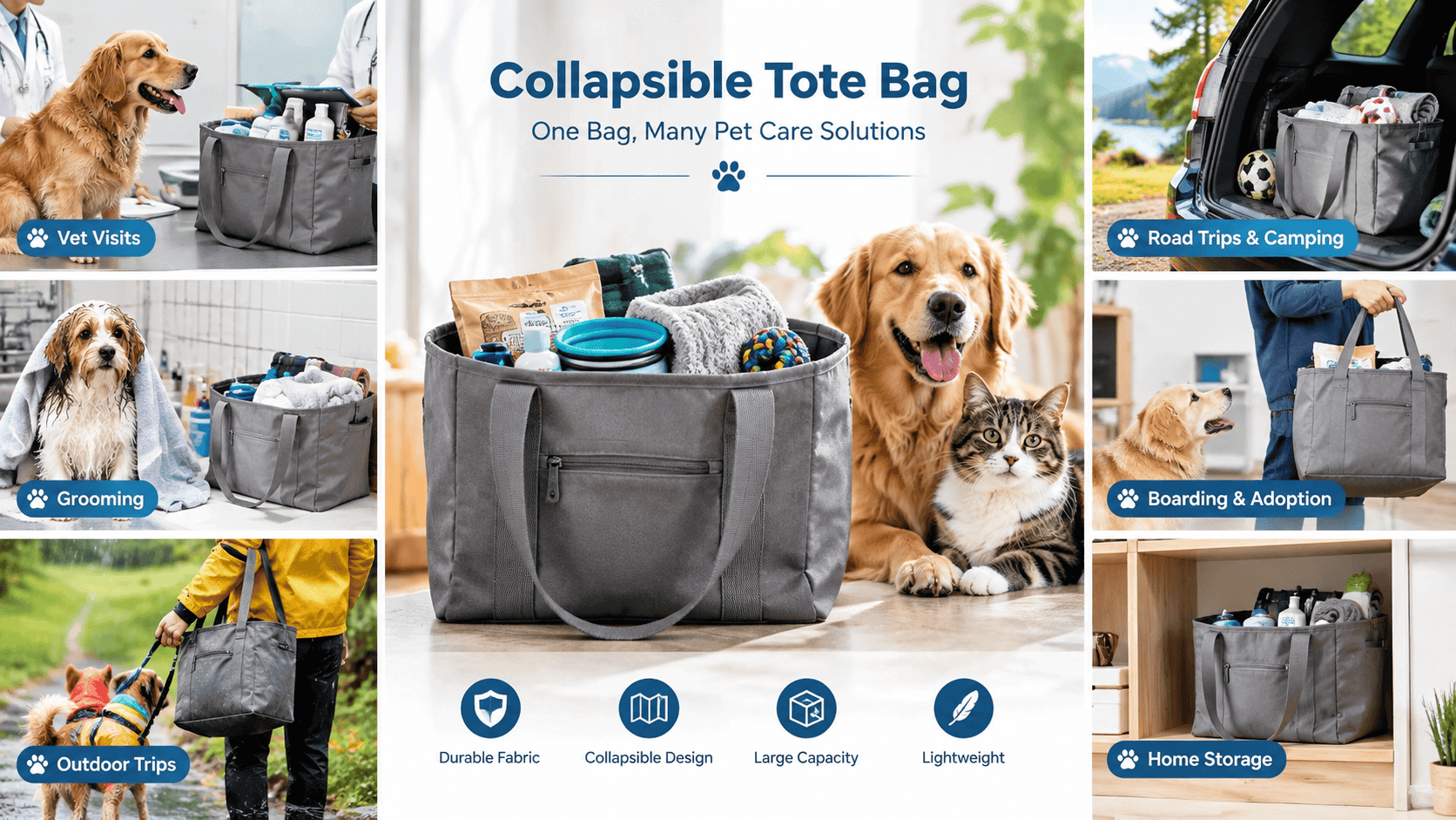 A collapsible tote bag Keeps pet essentials organized for vet visits, grooming, outdoor trips, and everyday storage.