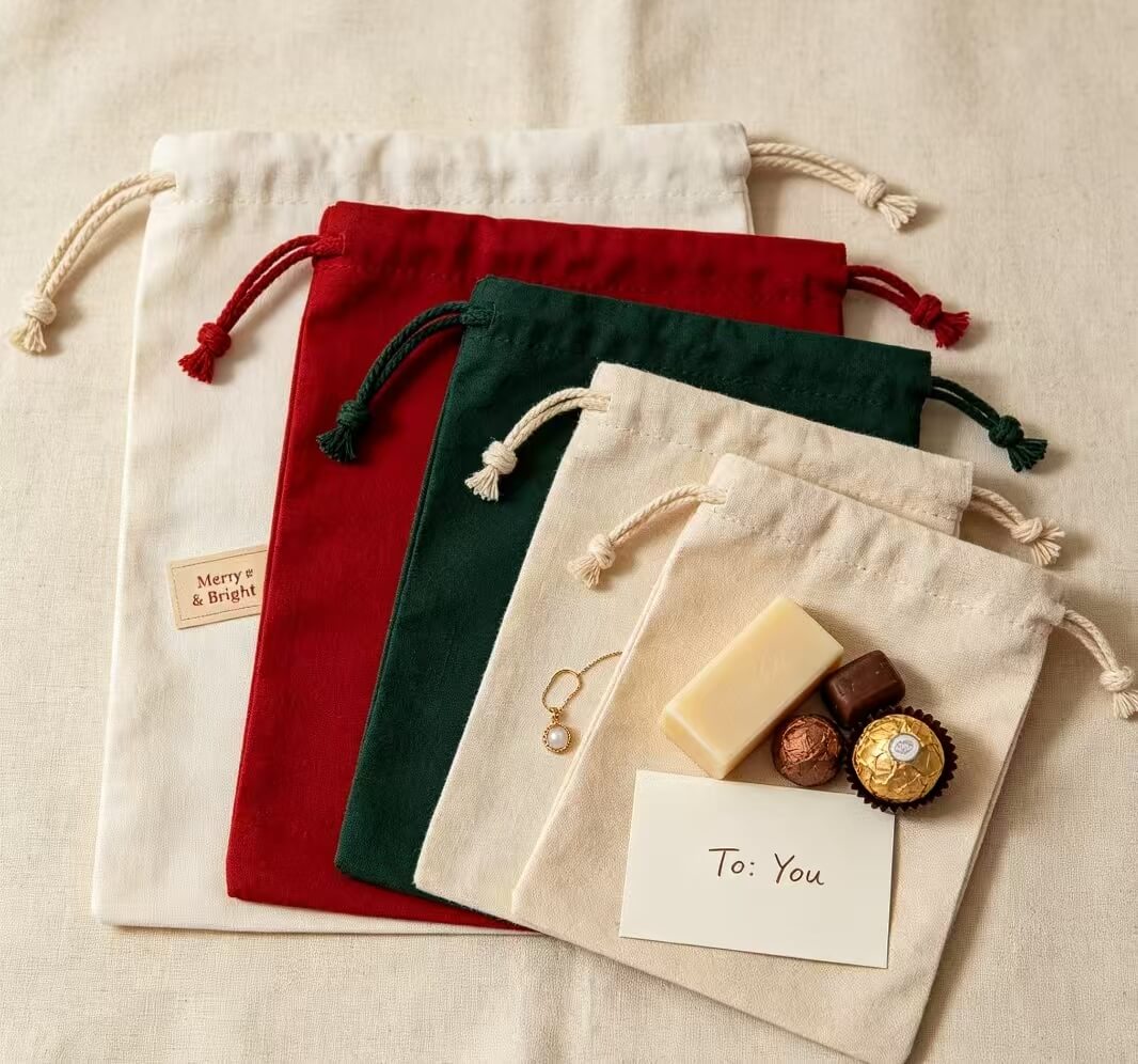 Multi-size canvas Christmas small drawstring bag for ornaments, candy and small presents