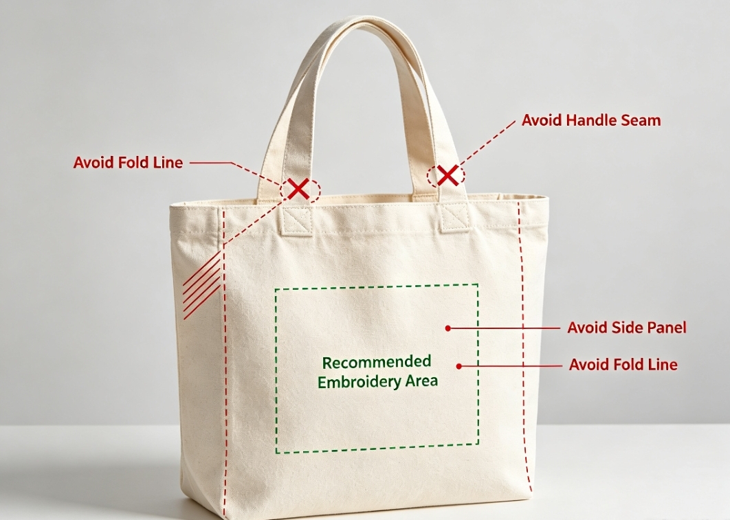 Bag embroidery position guide for canvas tote
