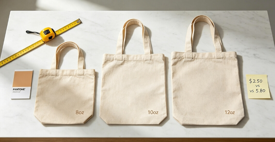 canvas tote bag manufacturer, flat lay of 8oz 10oz 12oz canvas tote bags with measuring tape and price note