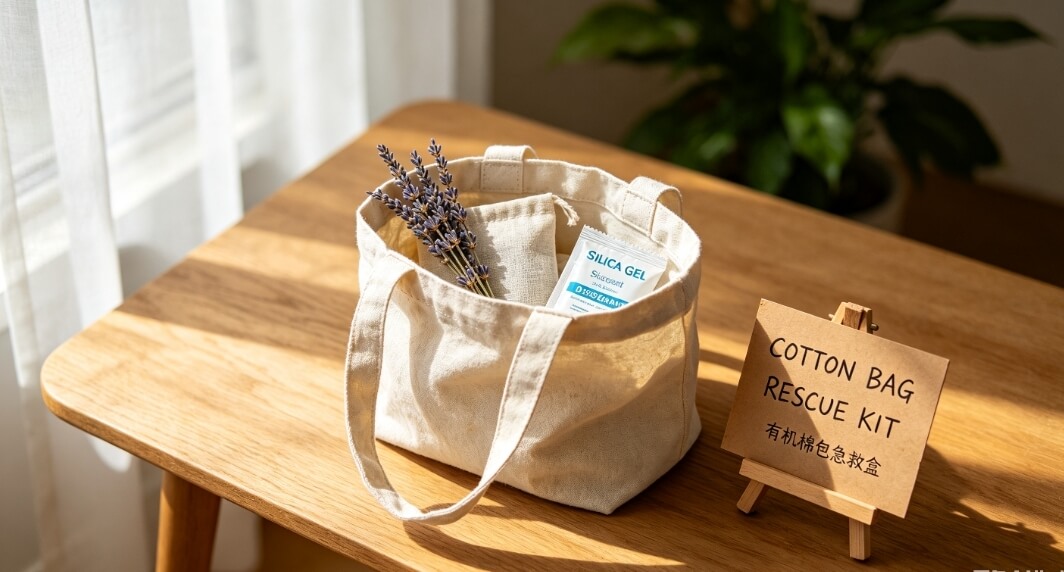 Organic cotton tote bag rescue kit with lavender and desiccant, soft natural light lifestyle shot